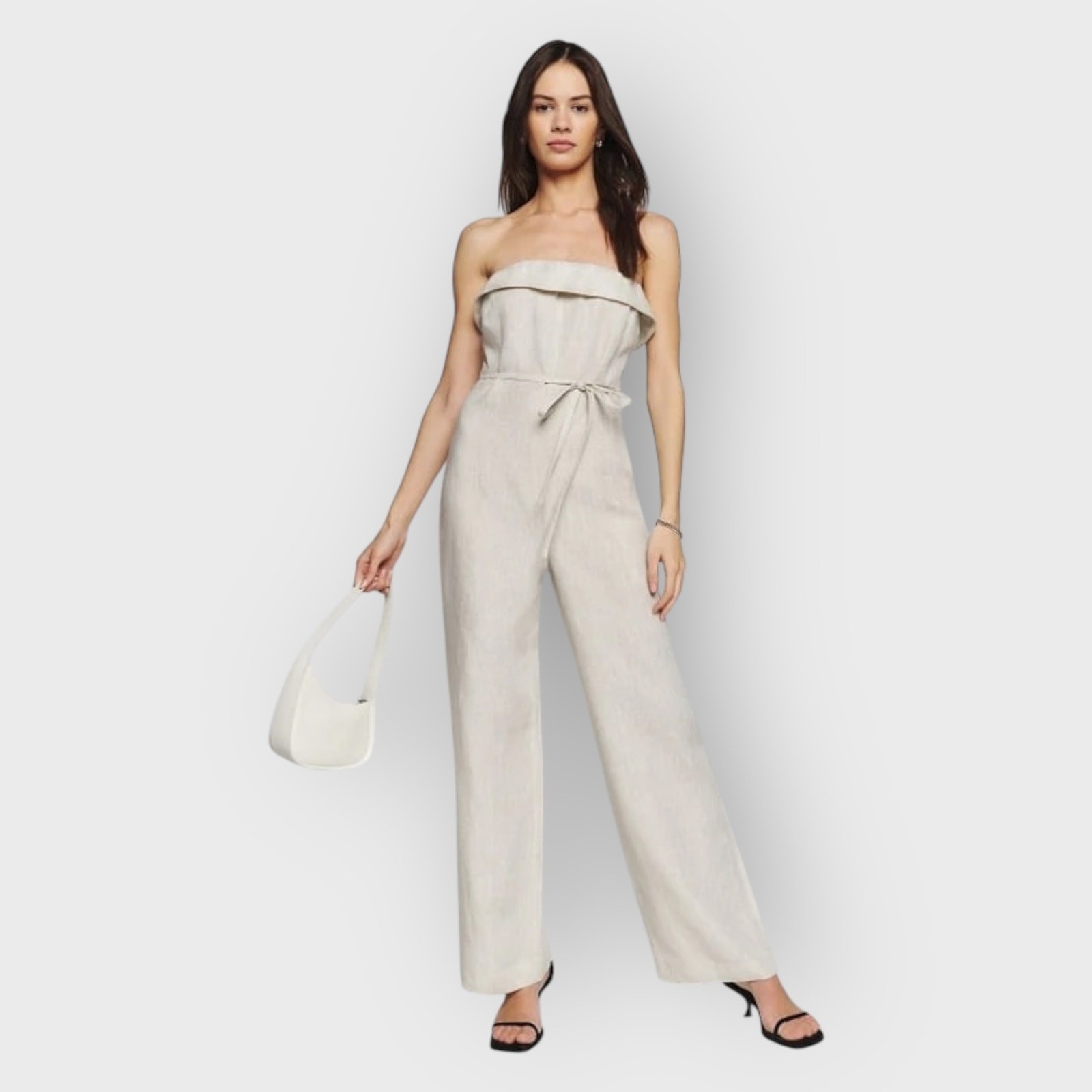Reformation Oatmeal Size 6 Strapless Jumpsuit Linen Wide Leg Tie Waist Resort