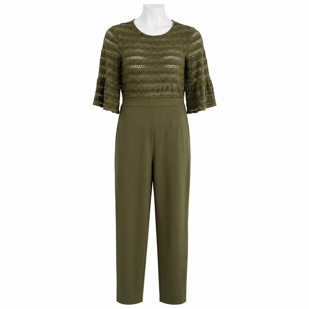 French Connection Khaki Jumpsuit Size 10 Lace Bodice Straight Leg Cropped Sleeve