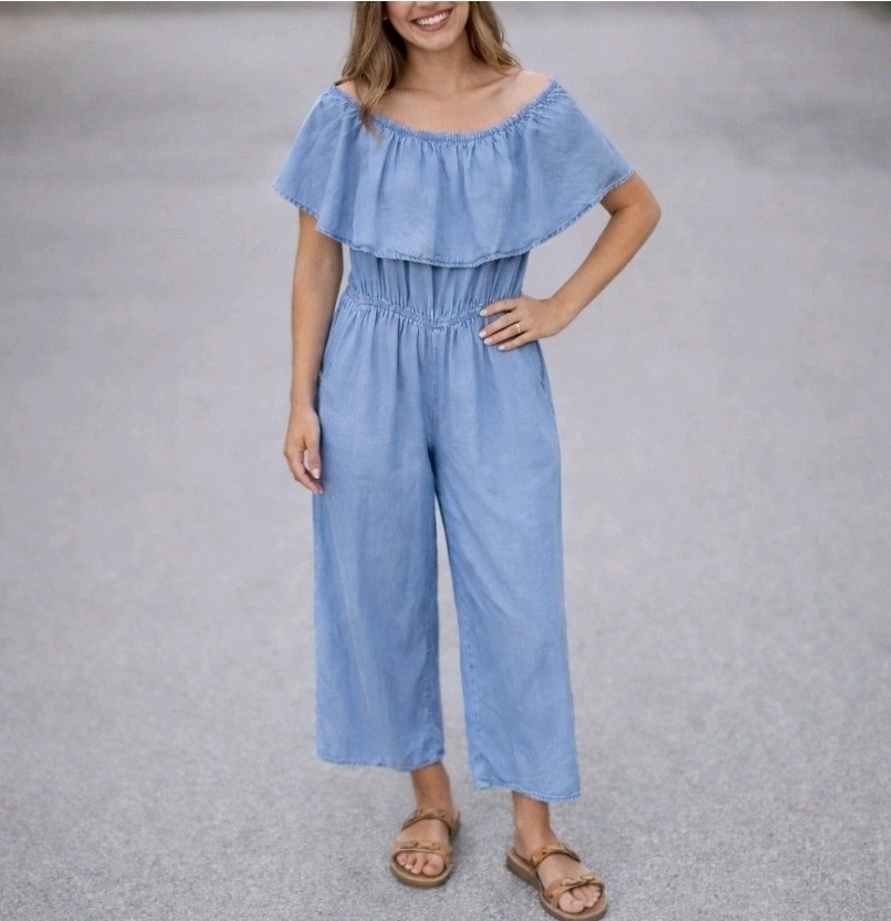 Rue21 Women’s Blue Chambray Off Shoulder Ruffle Wide-Leg Jumpsuit Size L