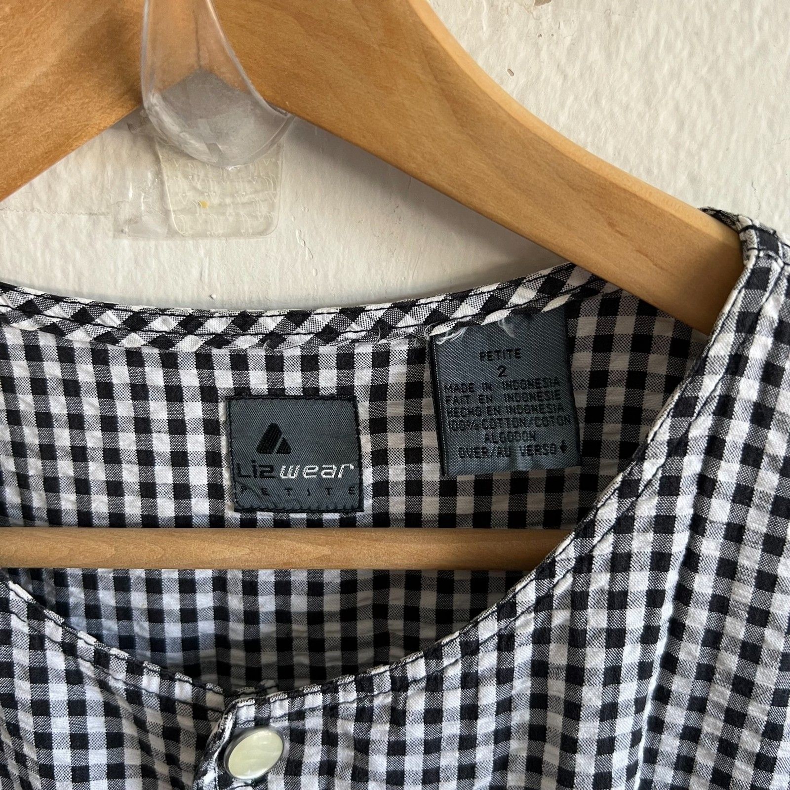 LIZ WEAR Vintage 90s Black White Gingham Short Sleeve Jumpsuit Womens 2 Petite