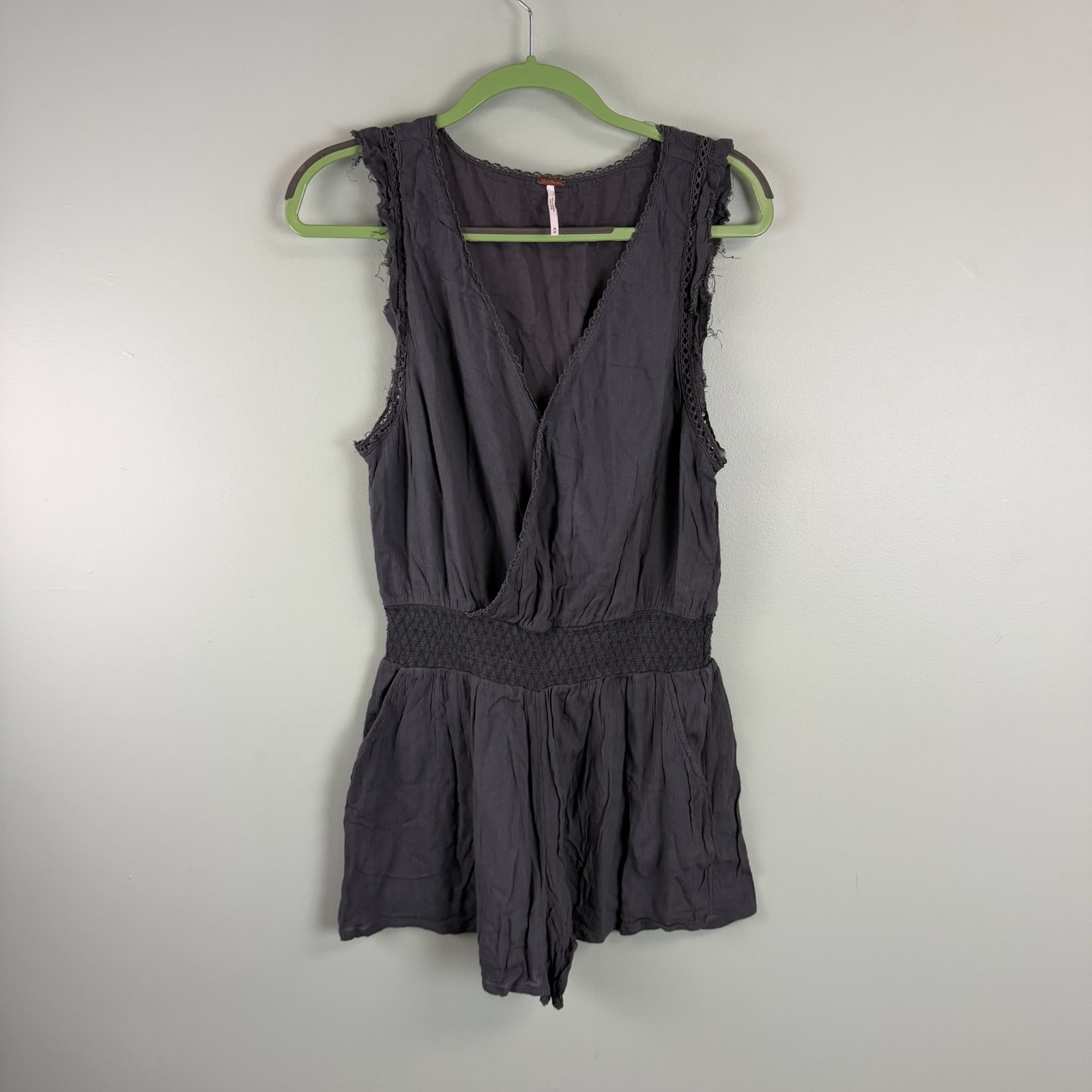 Free People Romper Charcoal Gray Size Medium Pockets Elastic Waist