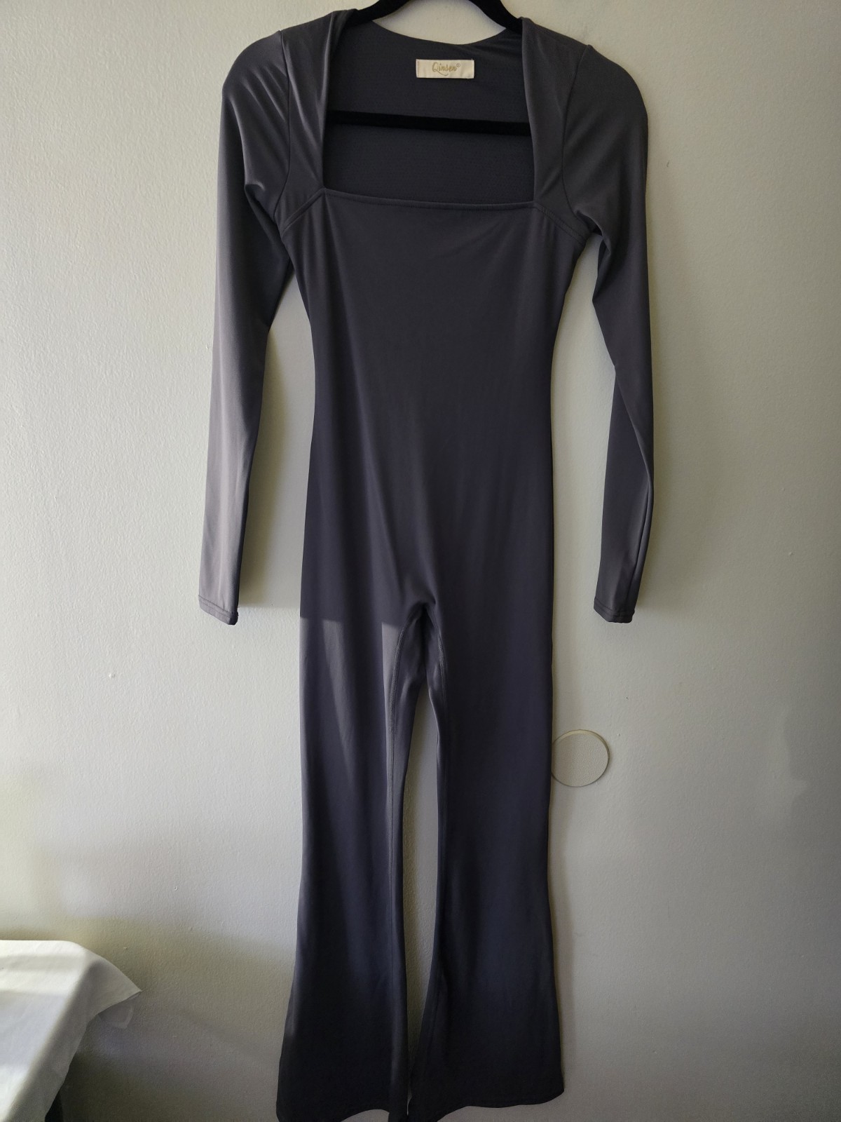 Qinsen Gray Long Sleeve Flare Leg Jumpsuit Y2K Blokecore Athletic Leisure Sz Sm