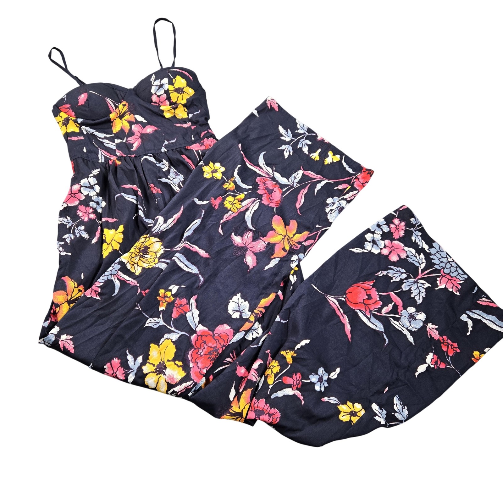 Band Of Gypsies Jumpsuit Womens Small Navy Floral Wide Leg Sweetheart One Piece