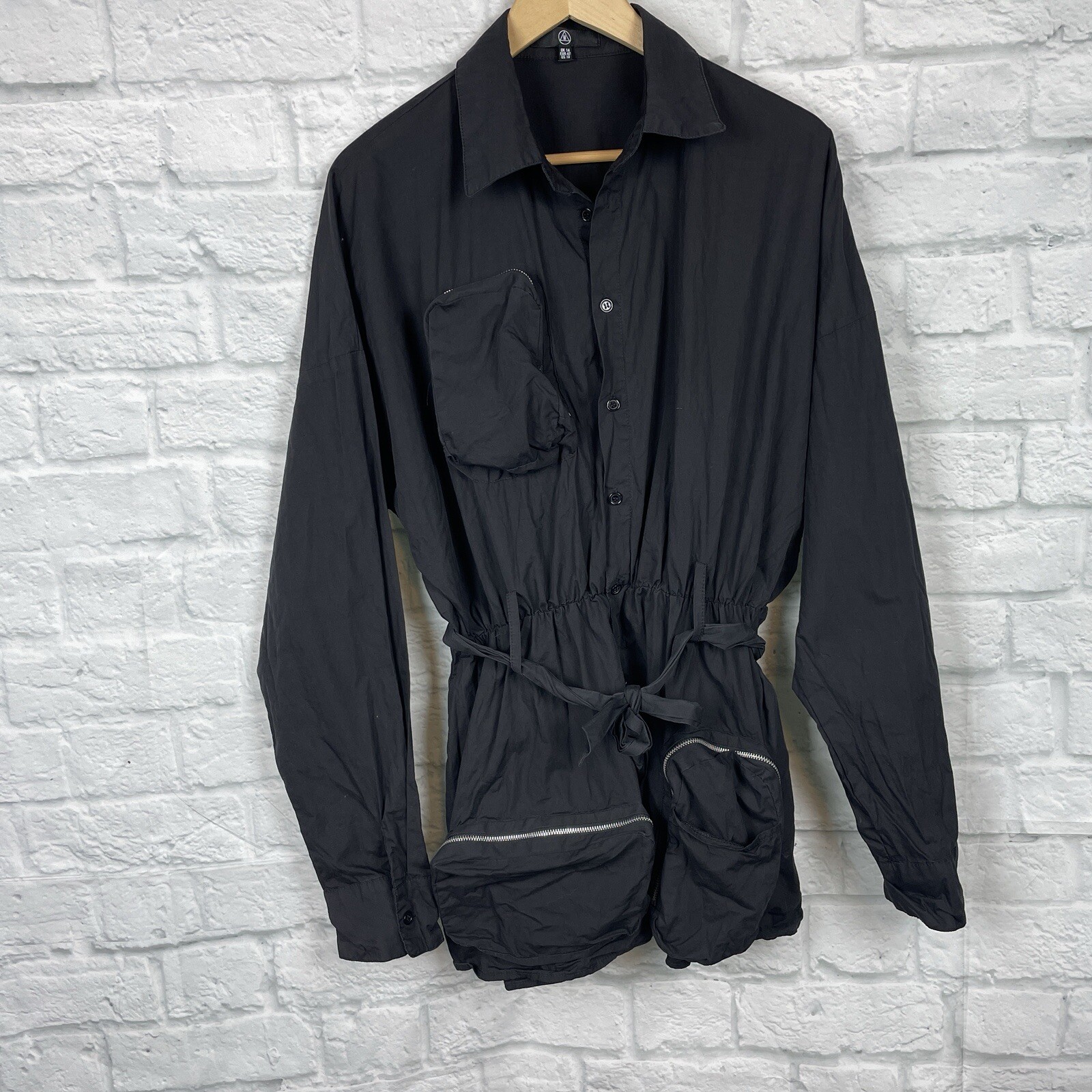 Misguided US Size 10 Romper Black Button-Front Zipper Pockets Belted Long Sleeve