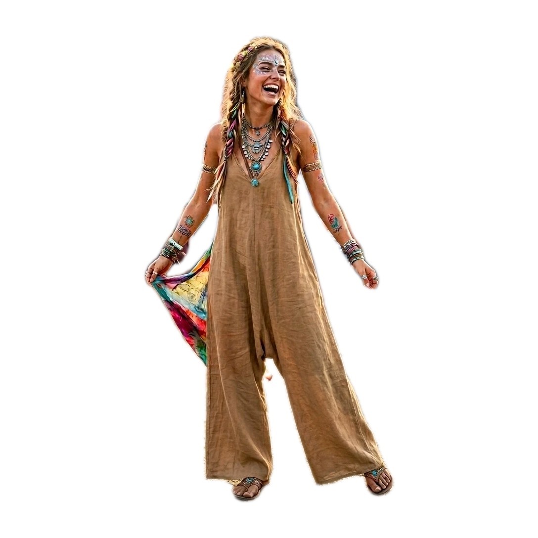 Pure Venice Jumpsuit XL Tan 100% Linen Made In Italy Festival Wide Leg Lagenlook