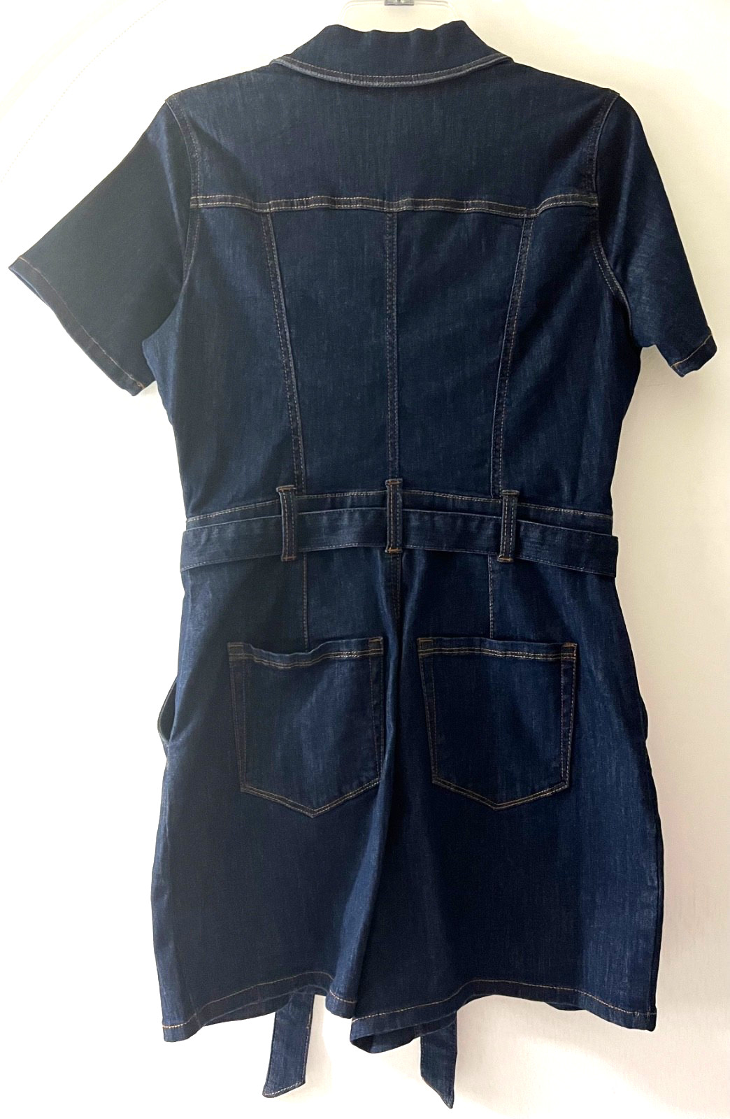Nine West Romper Short Denim Jean Sz 4 Collared Dark Rinse 6-Pocket Full Zipper