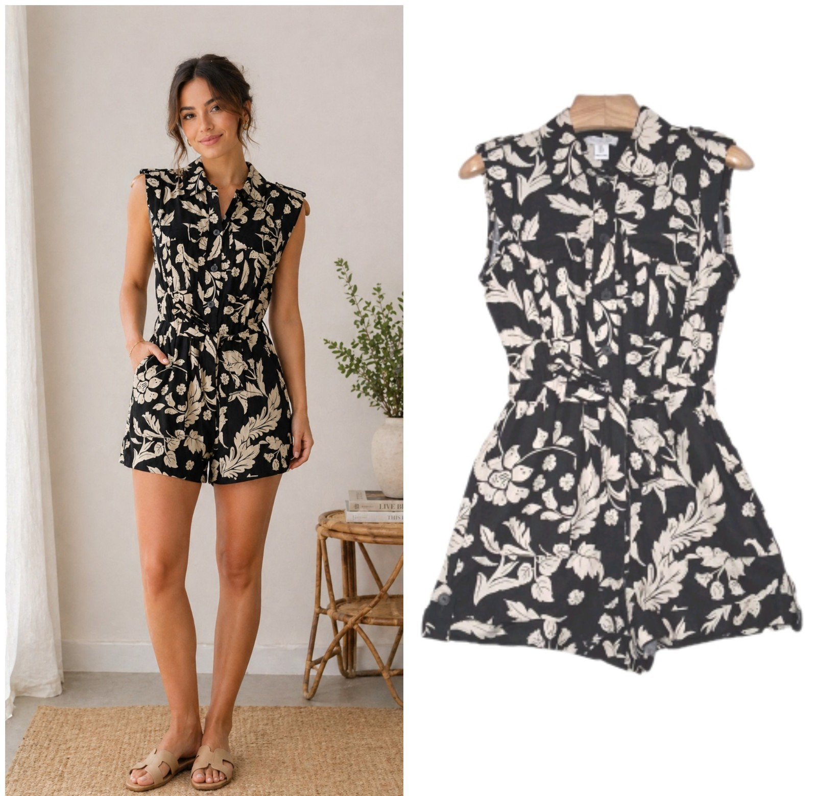 Rachel Zoe Womens Sleeveless Romper Size 8 Black Cream Floral Linen Rayon Belted