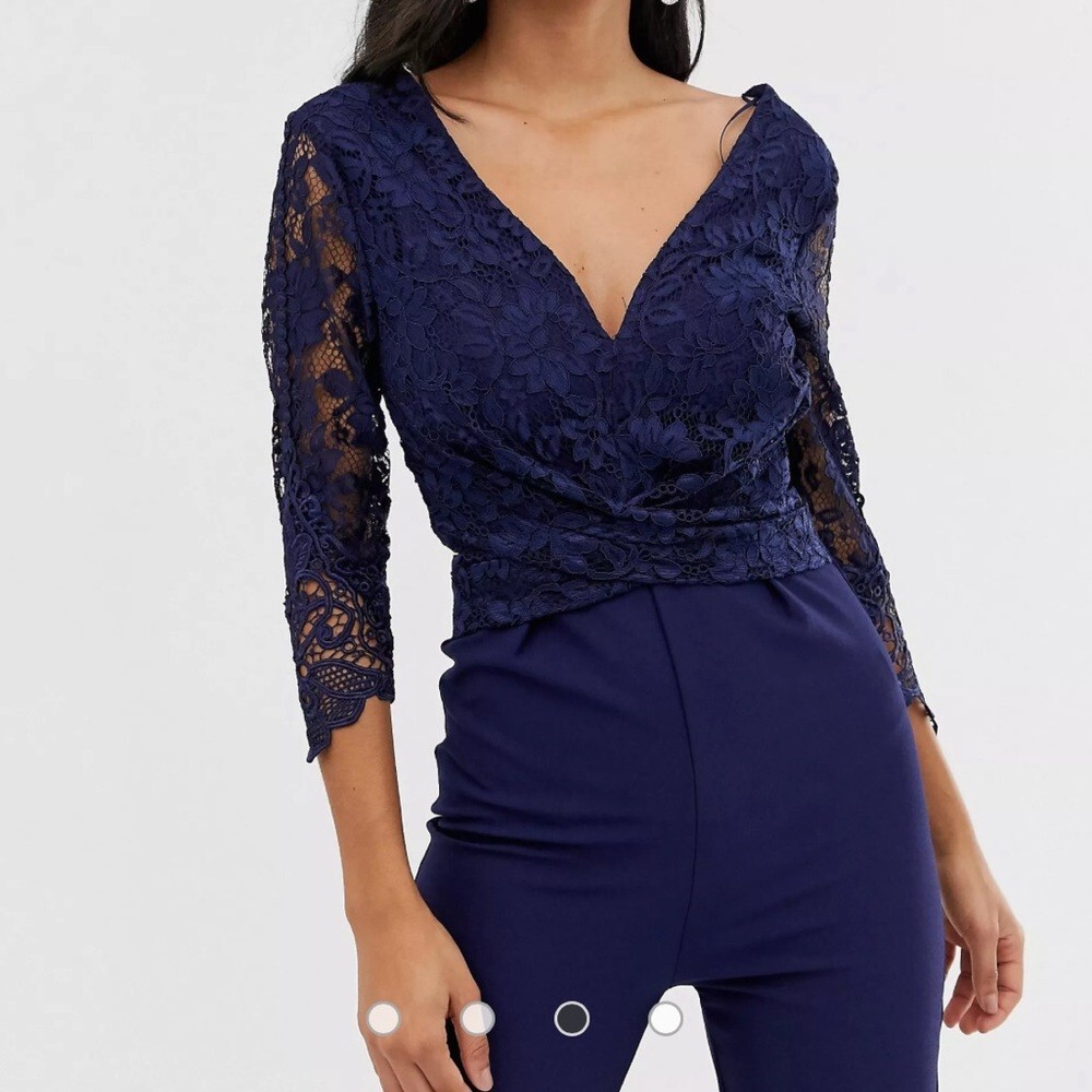 NEW Navy Blue Lace Jumpsuit 2 Tall euro 34 3/4 longsleeve NWT sz XS catsuit Chic