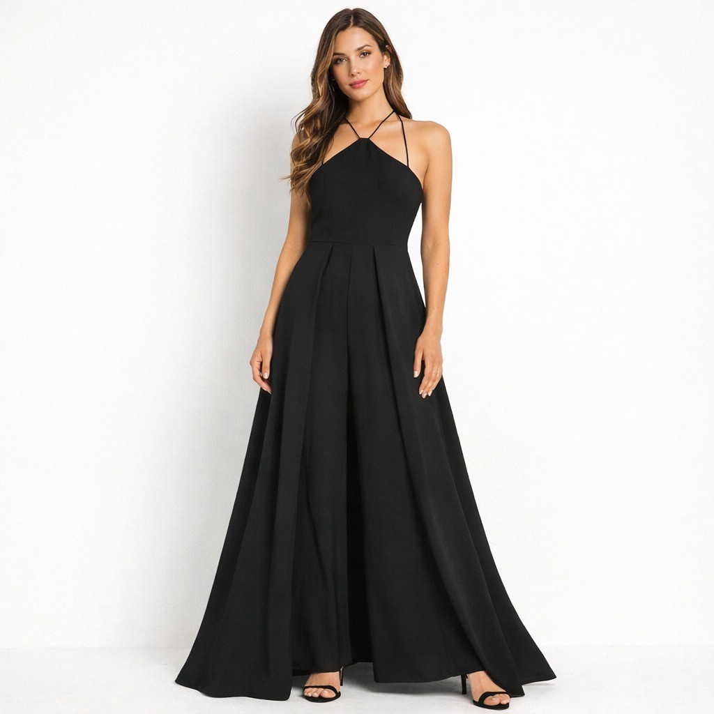 Julia Jordan Black Halter Neck Wide Leg Jumpsuit with Overlay Skirt Sz 16 Event