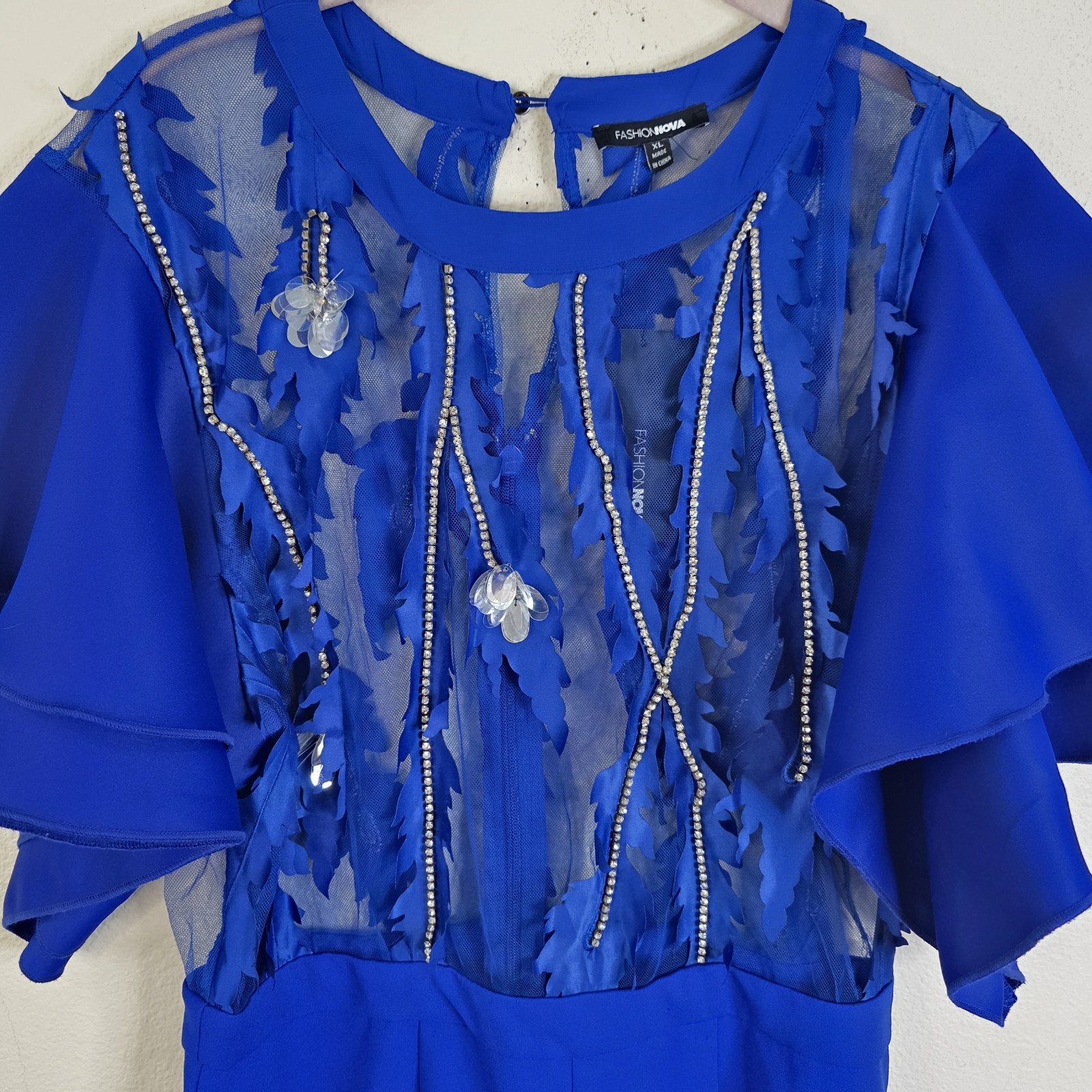 Fashion Nova See Through Me Jumpsuit Royal Blue Flutter Sleeve Beaded Size XL