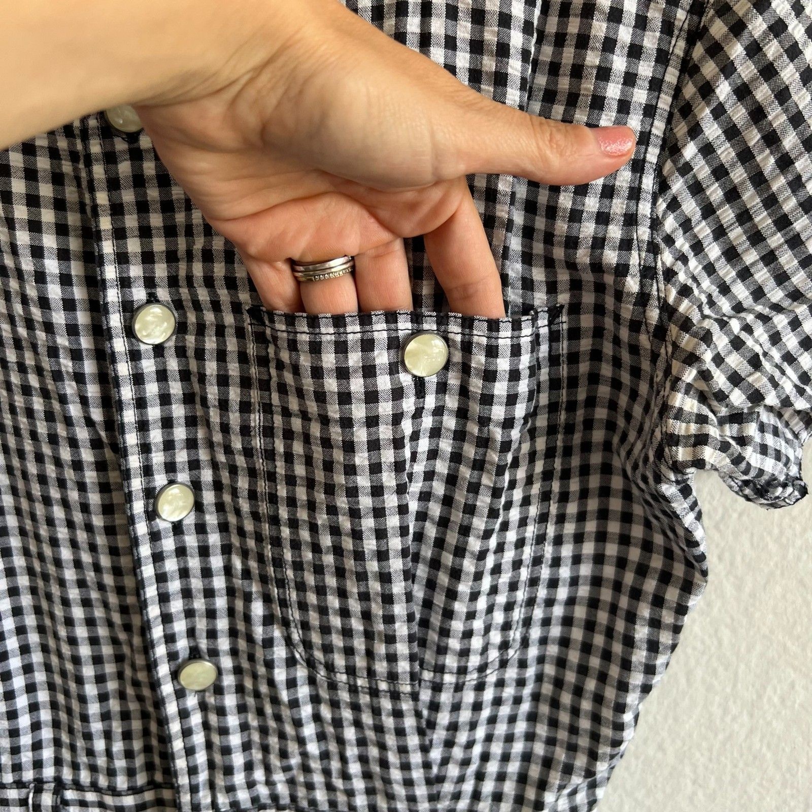 LIZ WEAR Vintage 90s Black White Gingham Short Sleeve Jumpsuit Womens 2 Petite