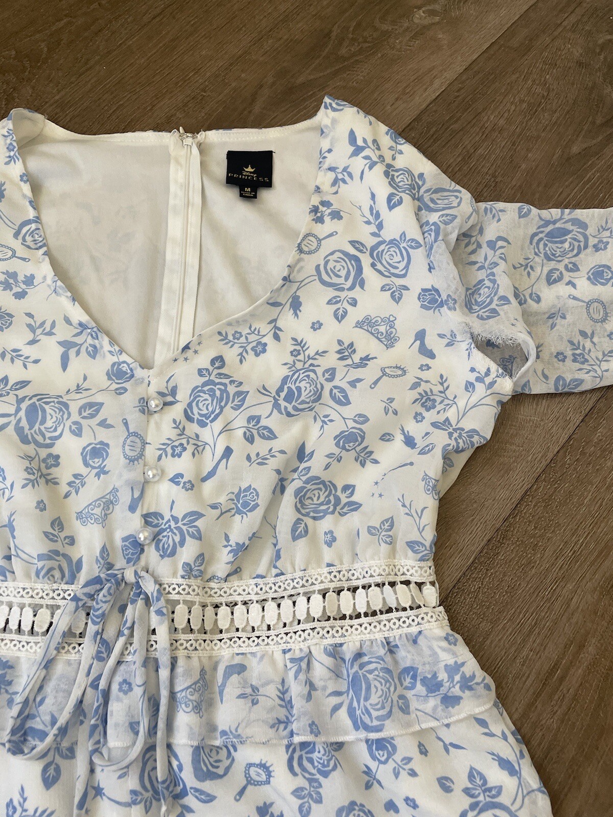 Disney Princess White Blue Floral Long Sleeve Lined Romper ~ FLAWED ~ Size M
