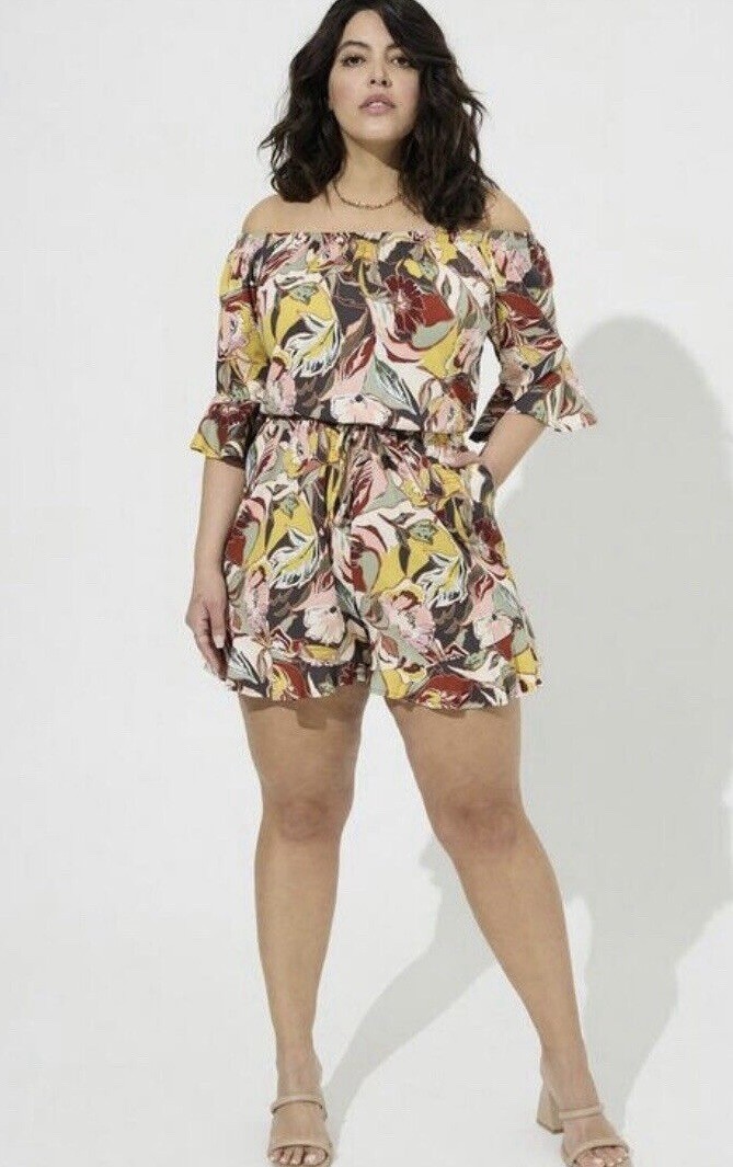 Torrid 3 Stretch Challis Floral Off The Shoulder Ruffle Romper Size 3X Spring