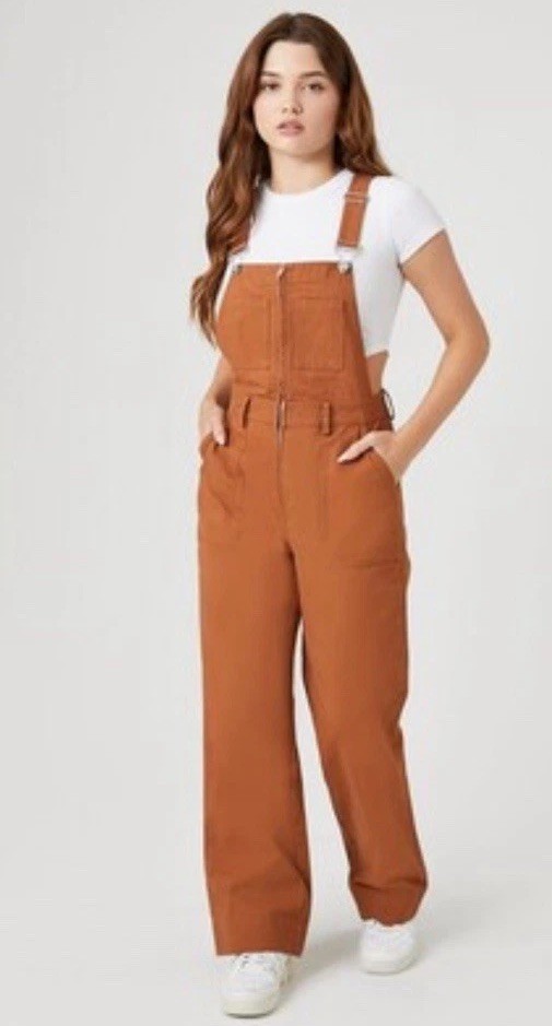 Women’s Forever 21 Y2K Wide Leg Overalls Sz XL Coyote Brown Zip Front 29” Ins