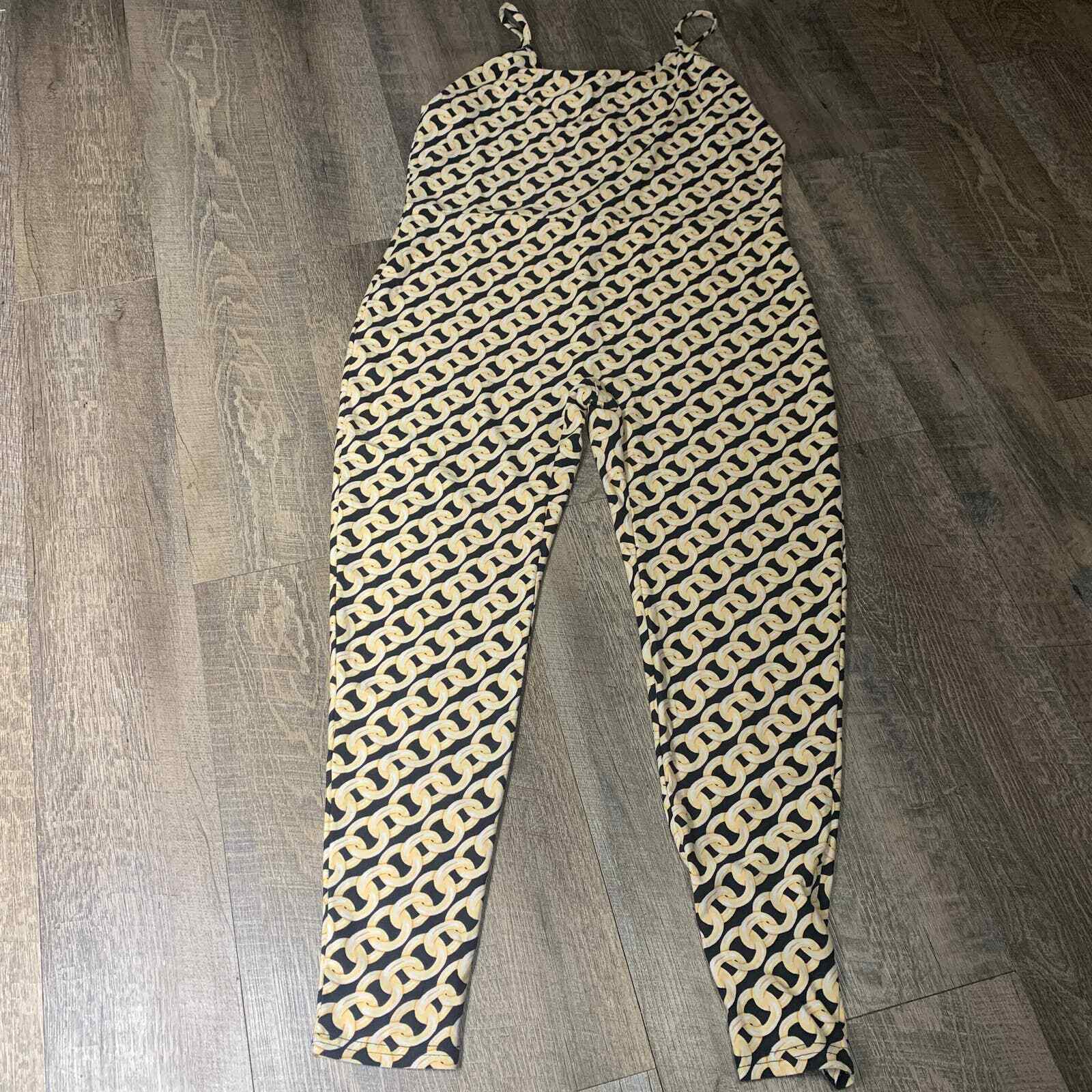 Full Circle Trends Womens Jumpsuit Size 1X Yellow Chain Print Sleeveless Skinny