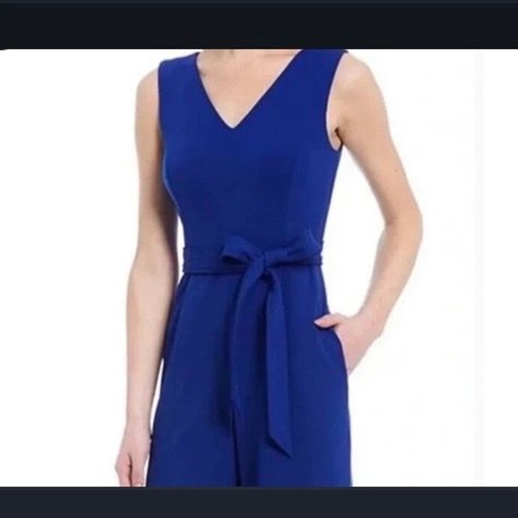 Calvin Klein Sleeveless V-Neck Belted Wide-Leg Jumpsuit in Royal Blue