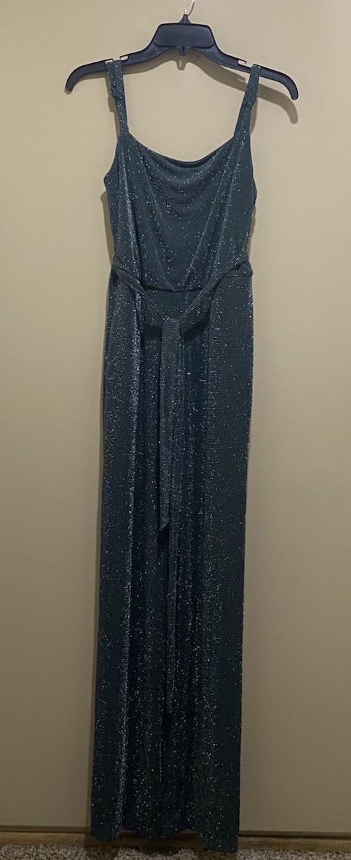 As U Wish Jumpsuit Junior’s Size Large Green/Silver Metallic, Belted, Pockets