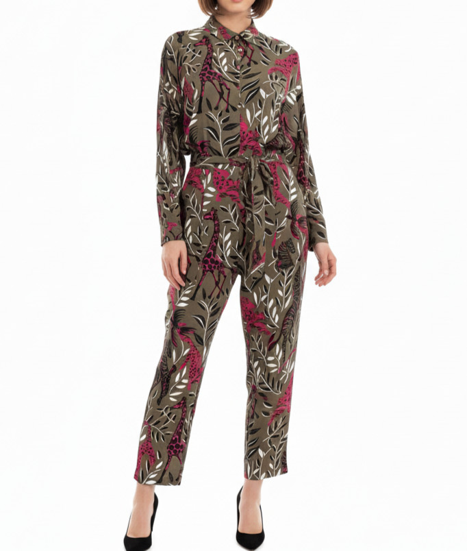 Escada Sport Jumpsuit Belted Silk Cropped Safari Animals Giraffe Tiger Womens 36