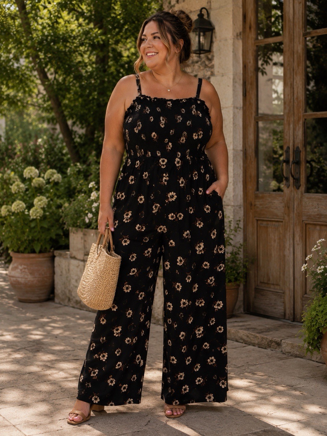 torrid Womens Black beige Floral Wide Leg Jumpsuit 2X Pockets Smock Cottage