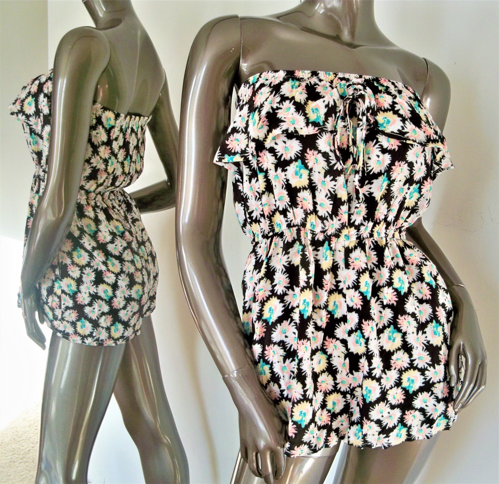 NWT-AMERICAN RAG CIE BLACK WHITE PEACH TEAL YELLOW FLORAL STRAPLESS ROMPER SZ-XS