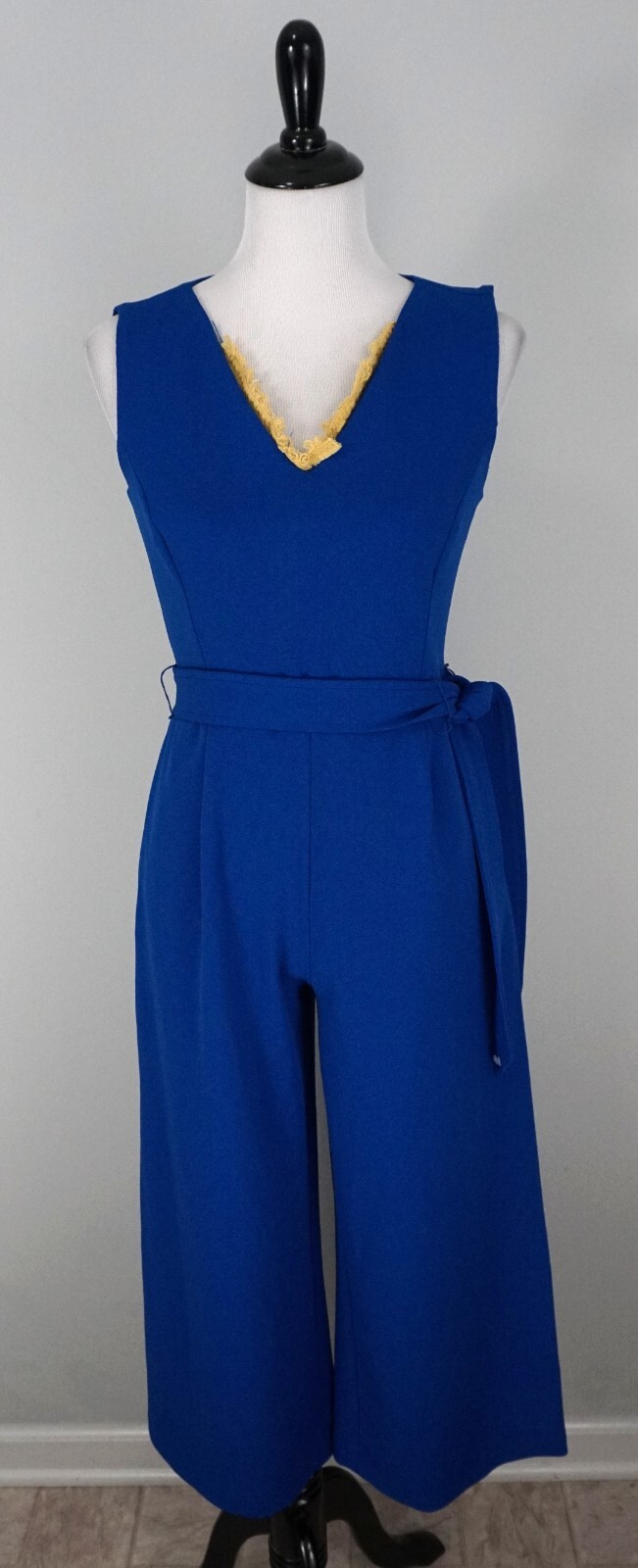 Calvin Klein Blue Yellow Fringe V-Neck Belted Sleeveless Jumpsuit Romper Size 4
