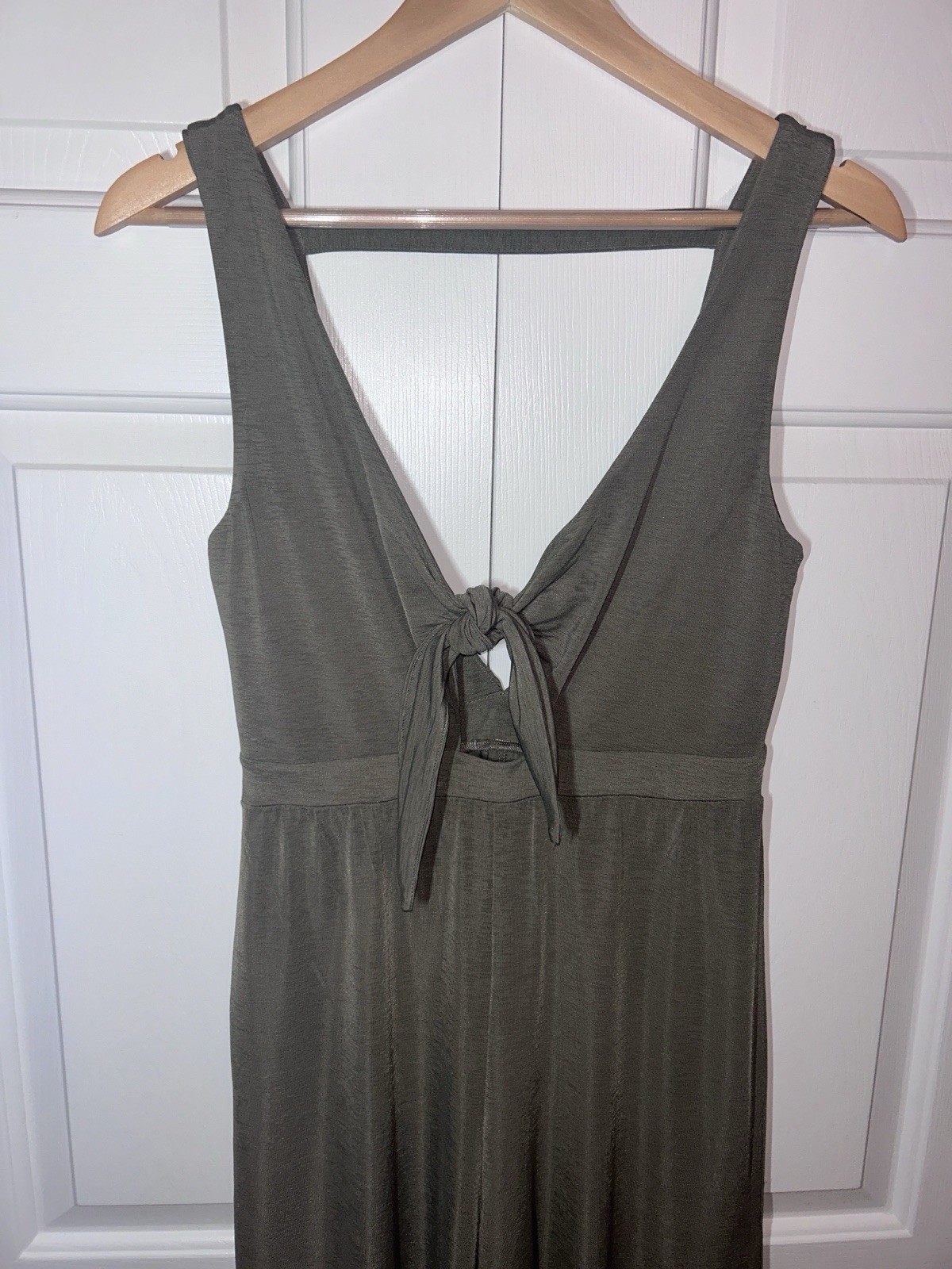 Daytrip Jumpsuit Romper Sz XS Green Gray Stretch Raw Hems Tie Knot V-Neck Empire
