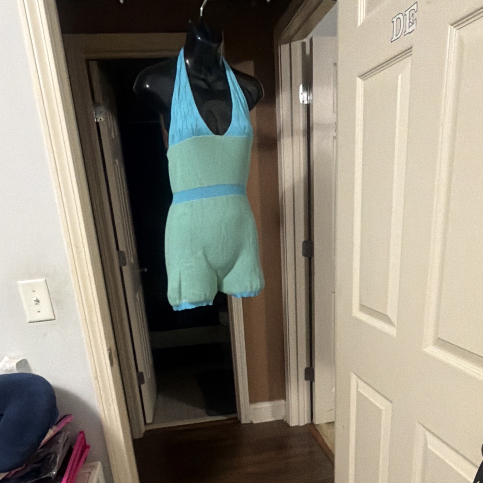 Women’s Blue/Green Solid Halter Neck Sleeveless Romper One-Piece Shorts S
