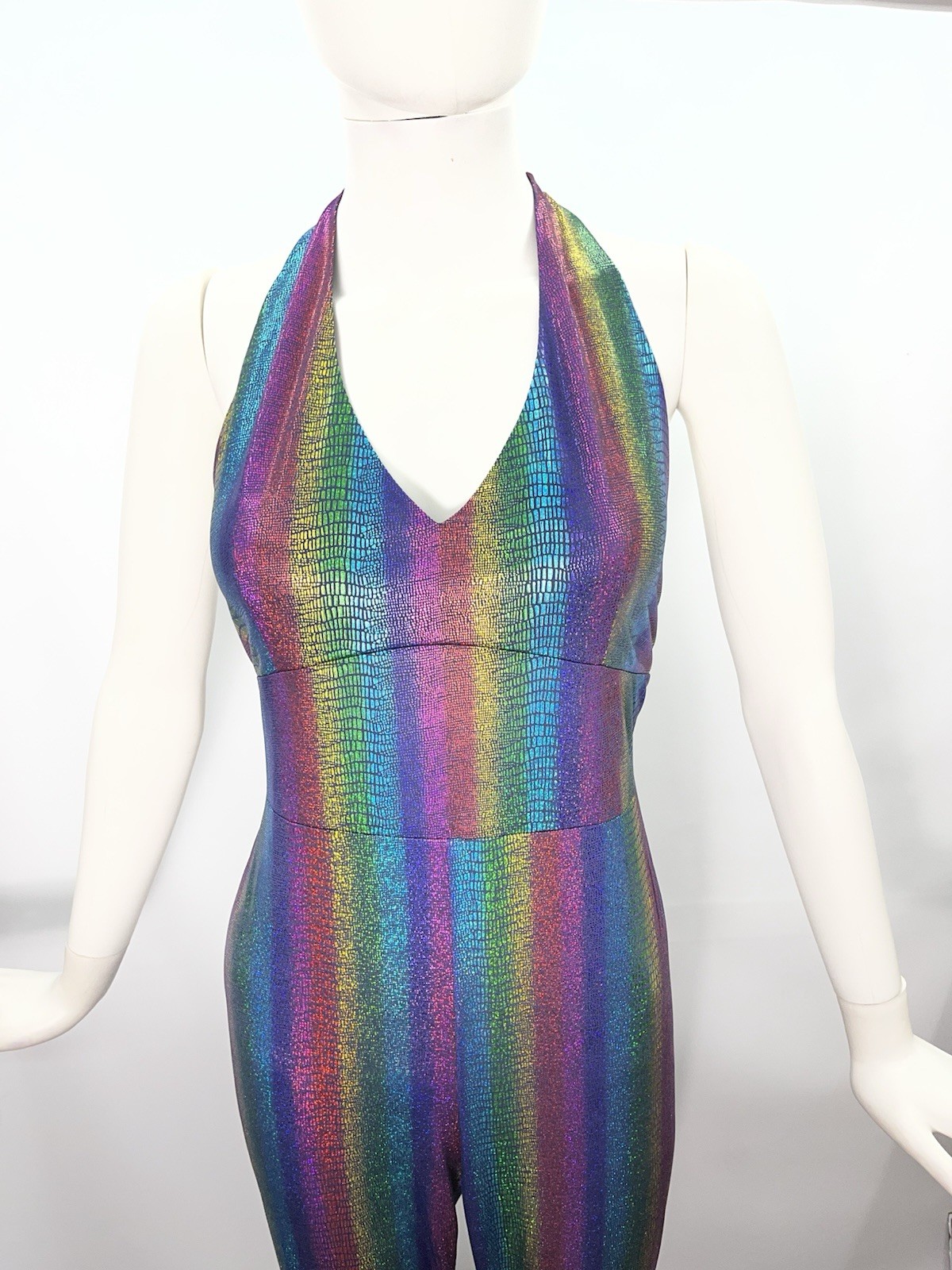 Rainbow Pride Jumpsuit Sz L Halter Bell Bottoms Iridescent Snake Print