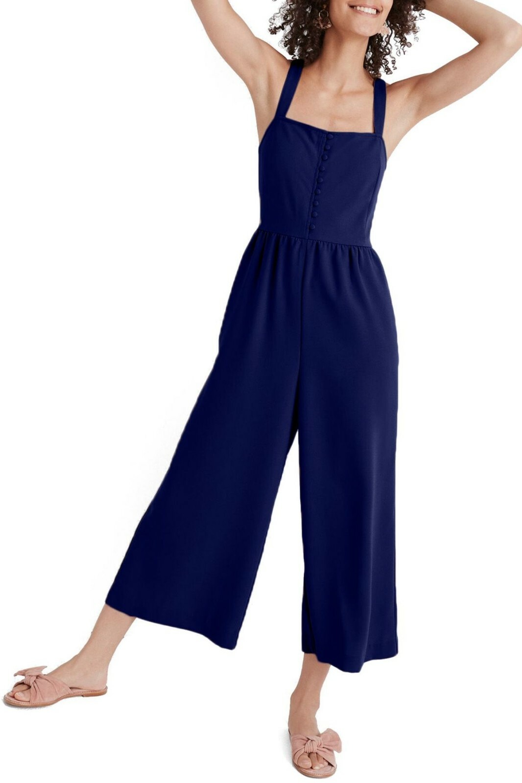 MADEWELL Navy Smocked Button Front Criss-Cross Back Crop Pant Crepe Jumpsuit 10