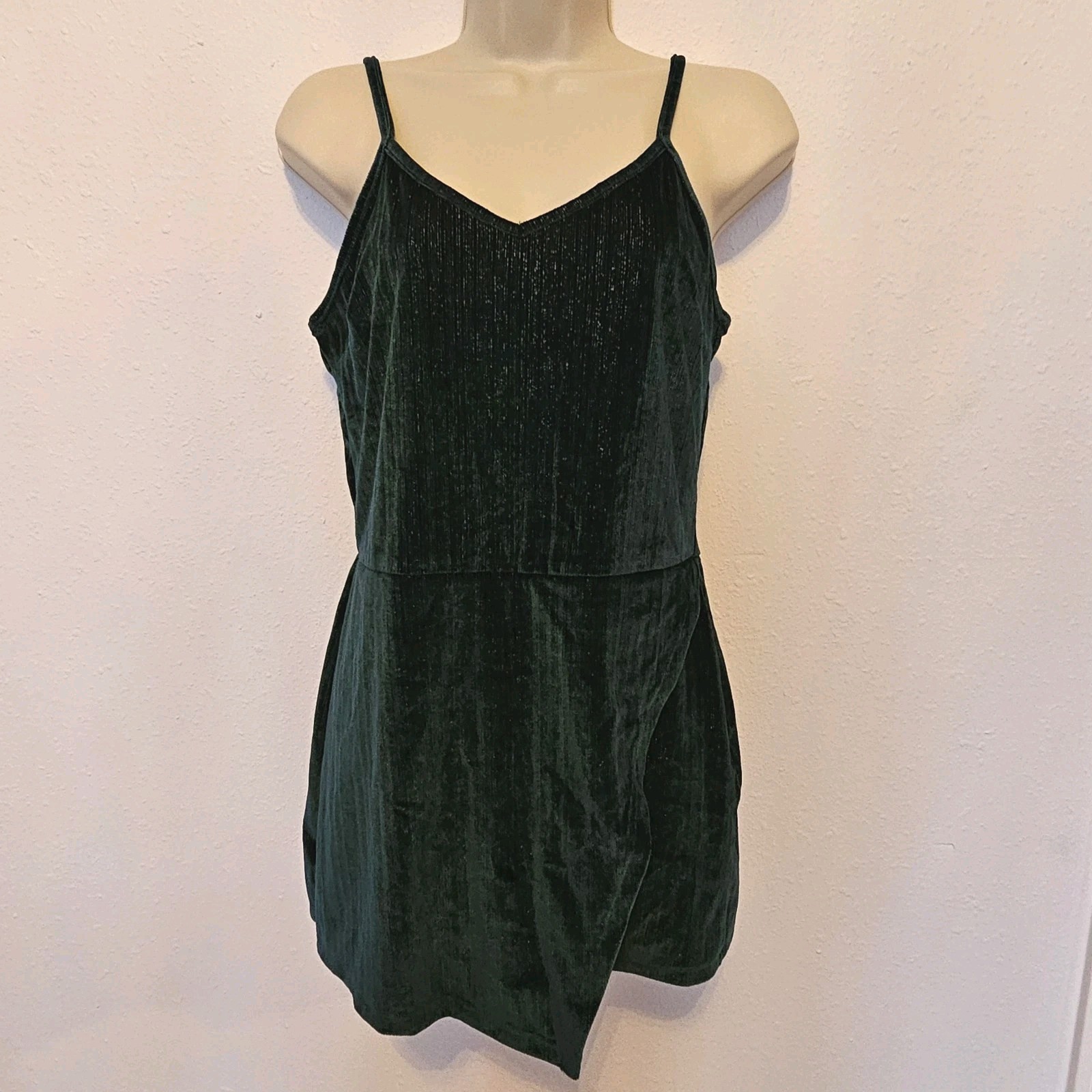 Y2K Emerald Green Velvet Mini Romper Skort Sz L Stretch Sparkly Pull On