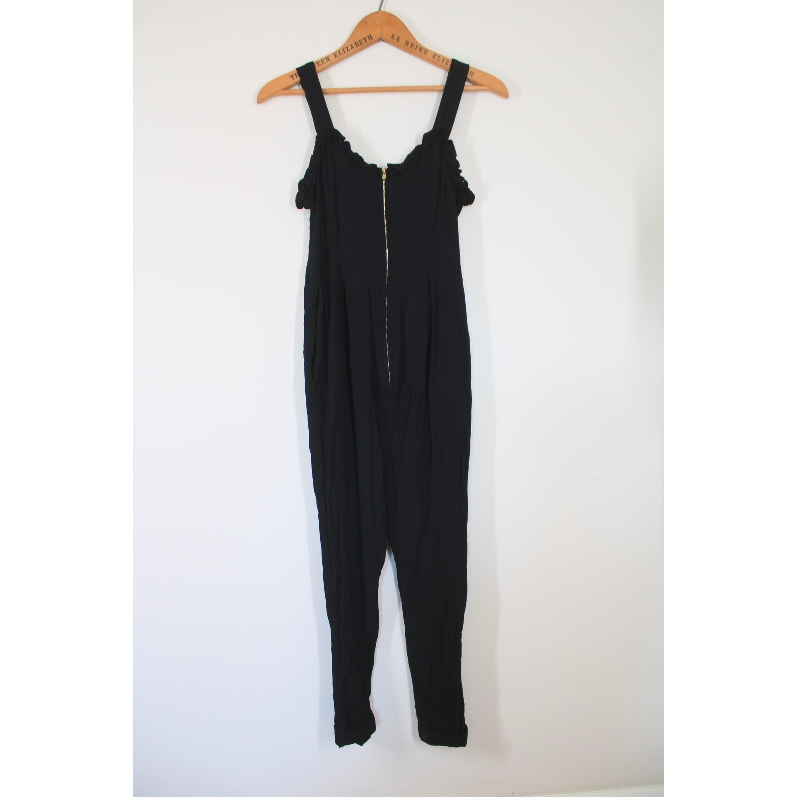 Sandro 1 XS? Black Ruffle Strap Zipper Front Jumpsuit Pantsuit