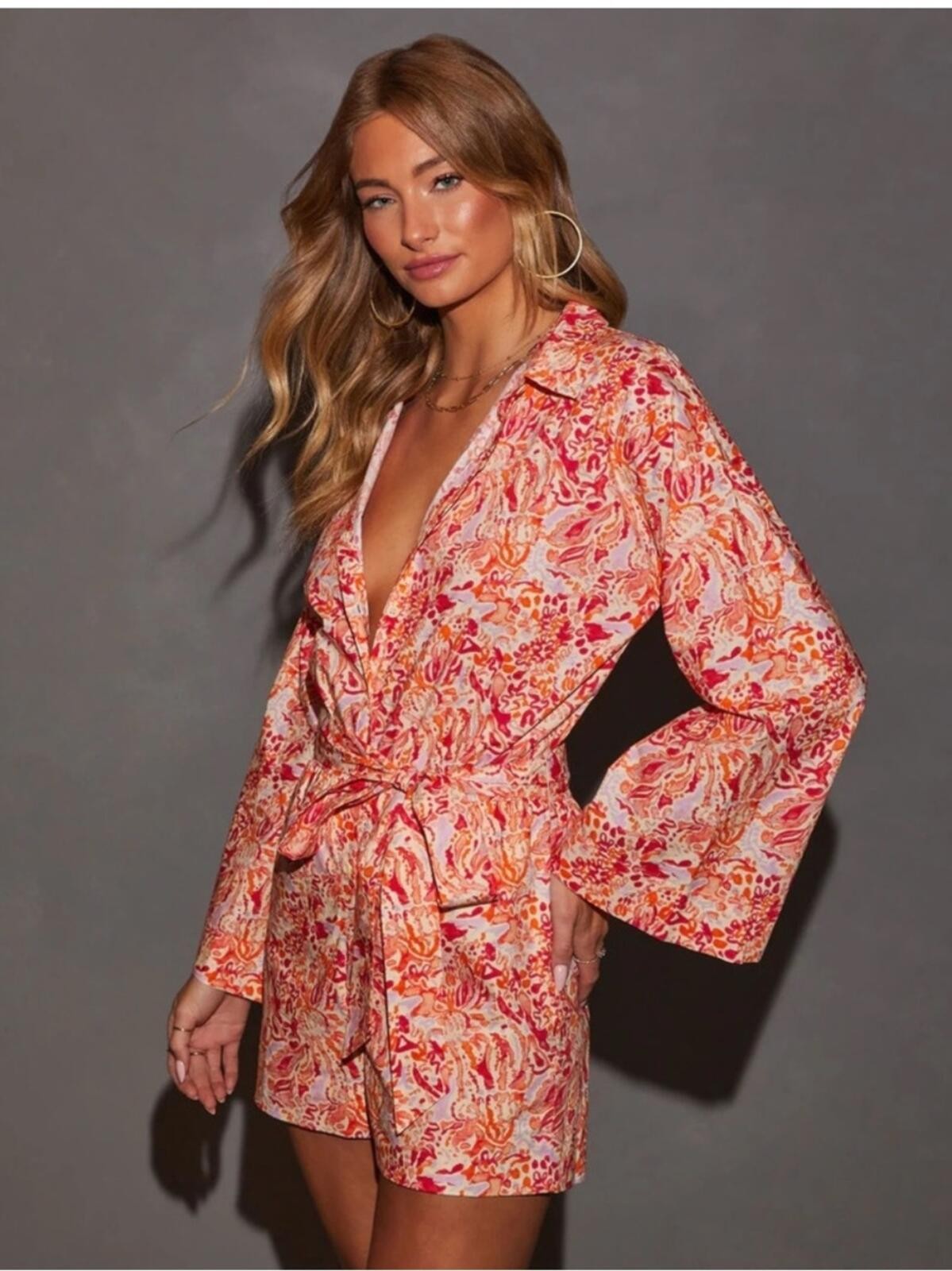 NWT VICI Orange and Pink Belted Romper with Long Bell Flare Sleeve Size Large