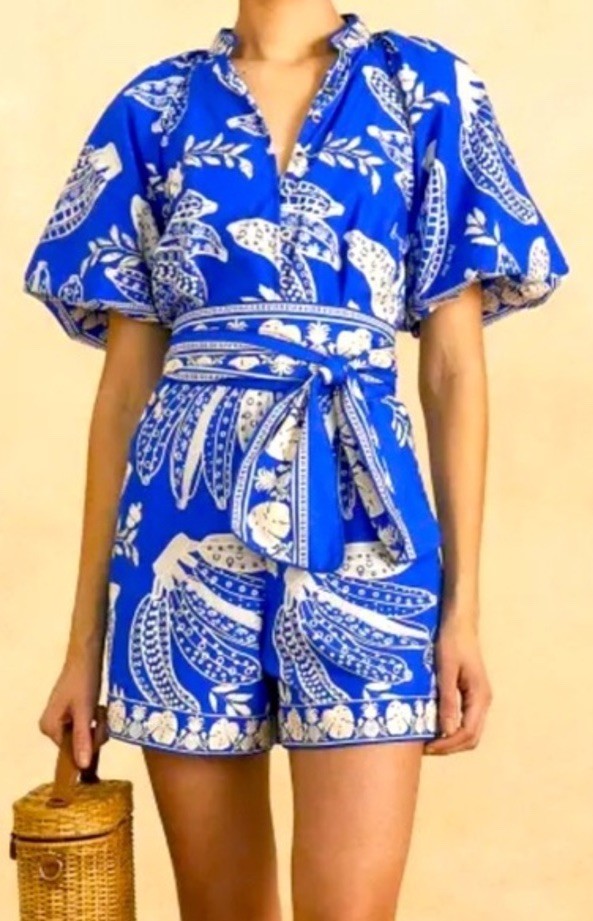 FARM RIO Lace Bananas Tropical Romper Blue Sz Large NWT Read