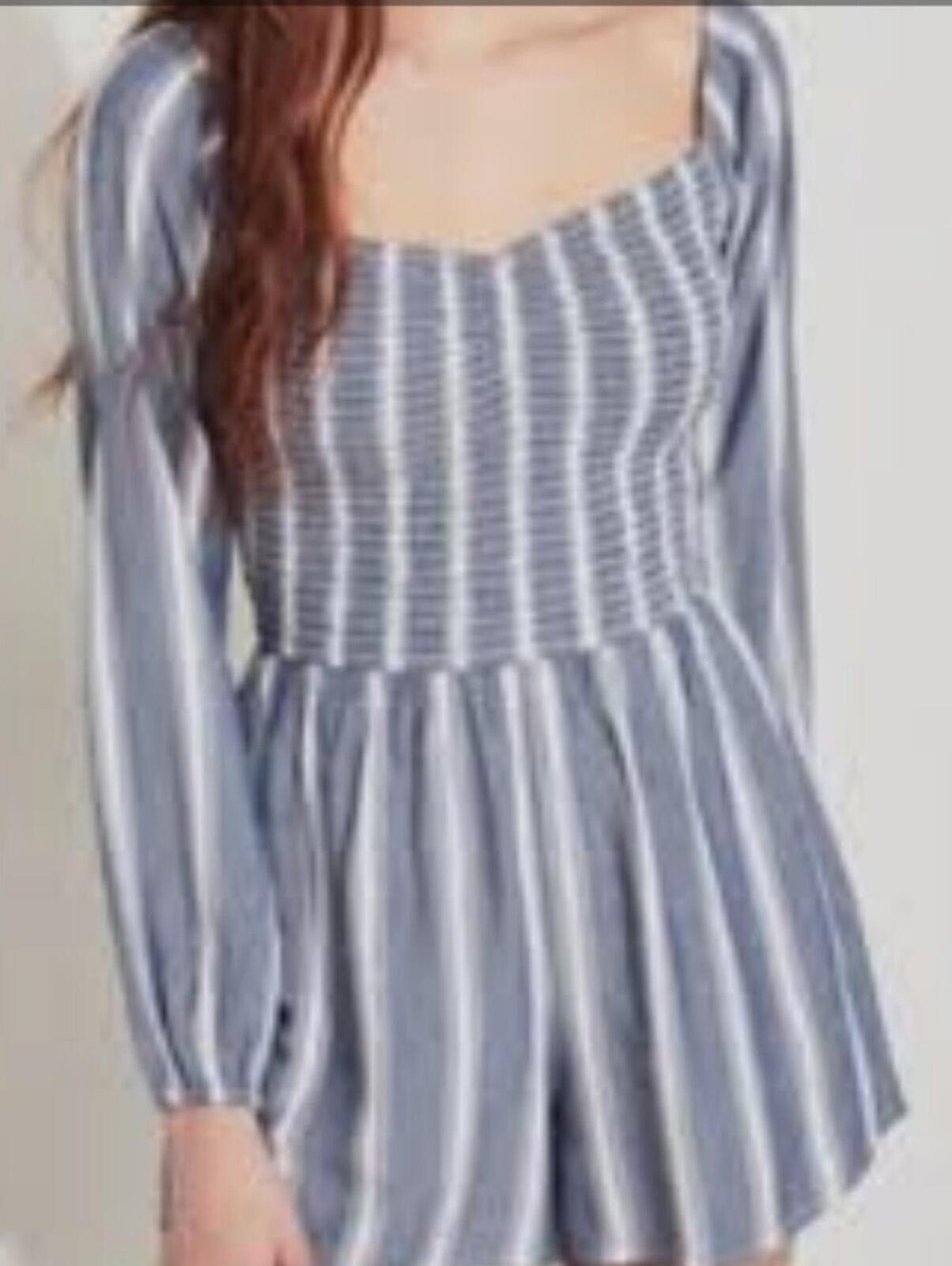 Hollister Blue and White Striped Long-Sleeve Smocked Romper Size Small