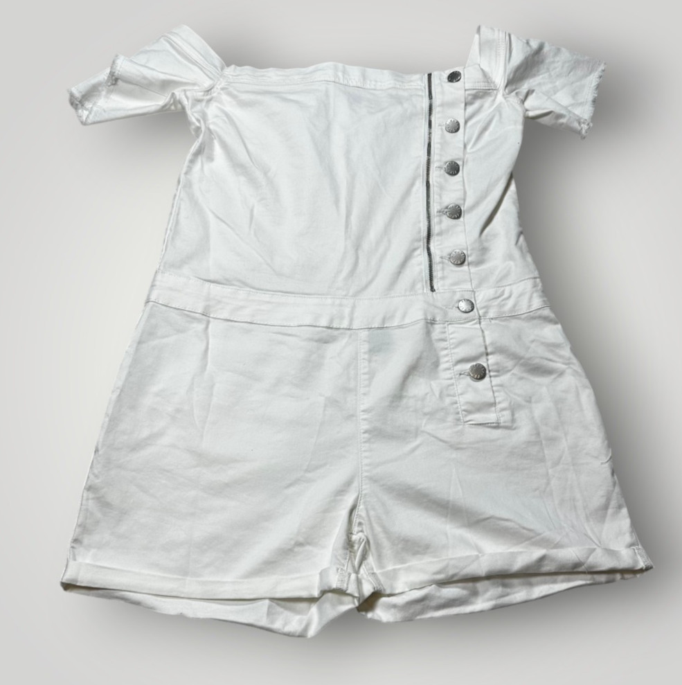 VIP Romper Womens XL White Button Up Short Romper Zipper Detail Stretch