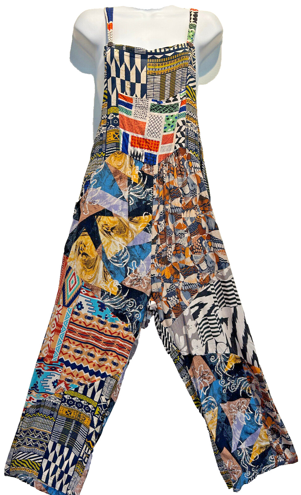 Nwt SACRED THREADS funky floral hippie rayon OVERALLS ROMPER JUMPSUIT JUMPER S/M