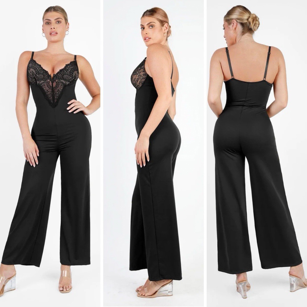 Popilush XL Shapewear Lace Deep V-Neck Wide Leg Jumpsuit Black Sculpting NWT