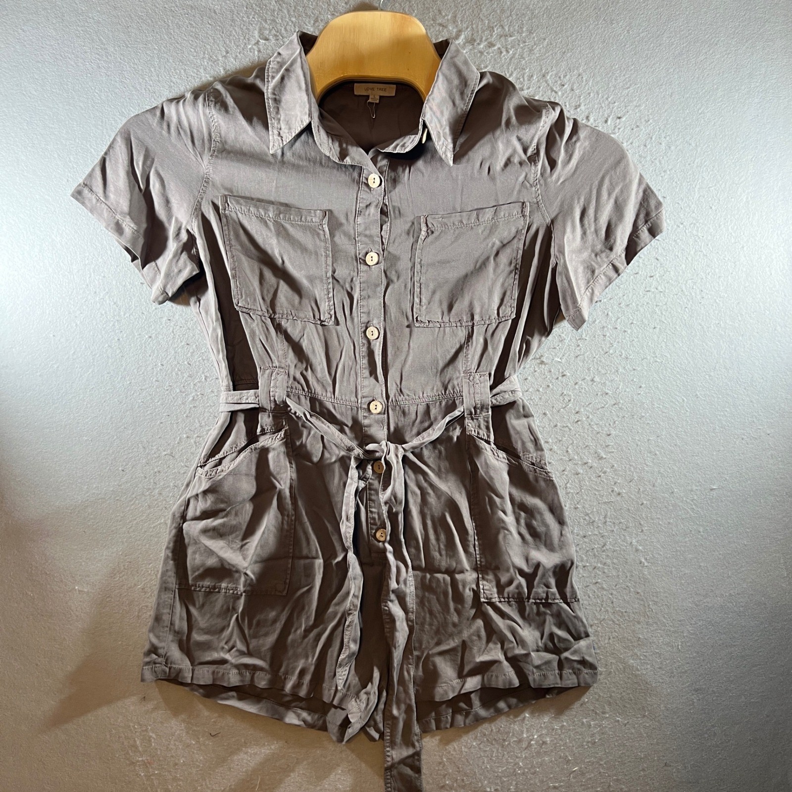 1294|NWOT Love Tree Tencel Utility Safari Cargo Button Front Romper Gray Women L