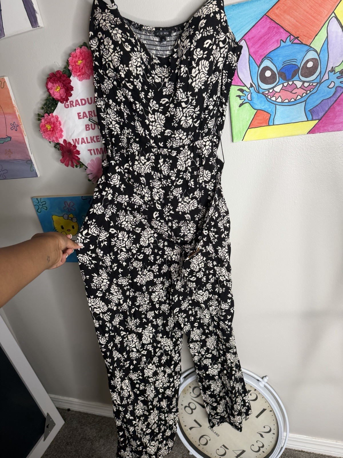As U Wish Women’s XL Black/White Floral Sleeveless Strappy Flared Jumpsuit