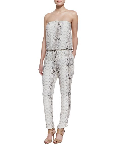HAUTE HIPPIE Taupe Python Snake Print Silk Strapless Crop Pant Jumpsuit L = 10