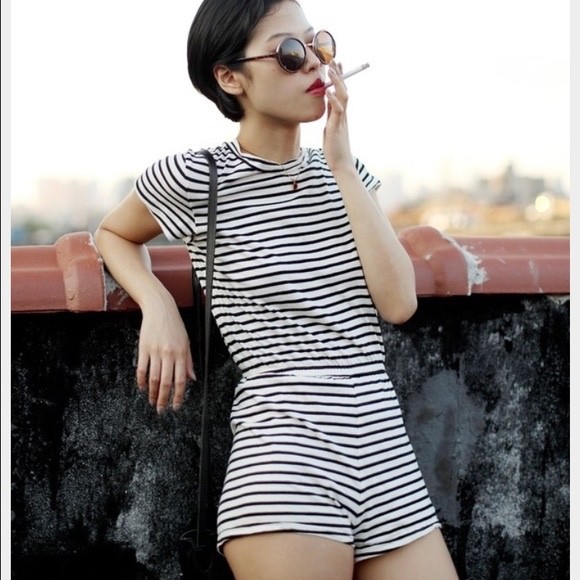 American Apparel Fine Jersey T-shirt Romper size S (Natural Black Pablo stripe)