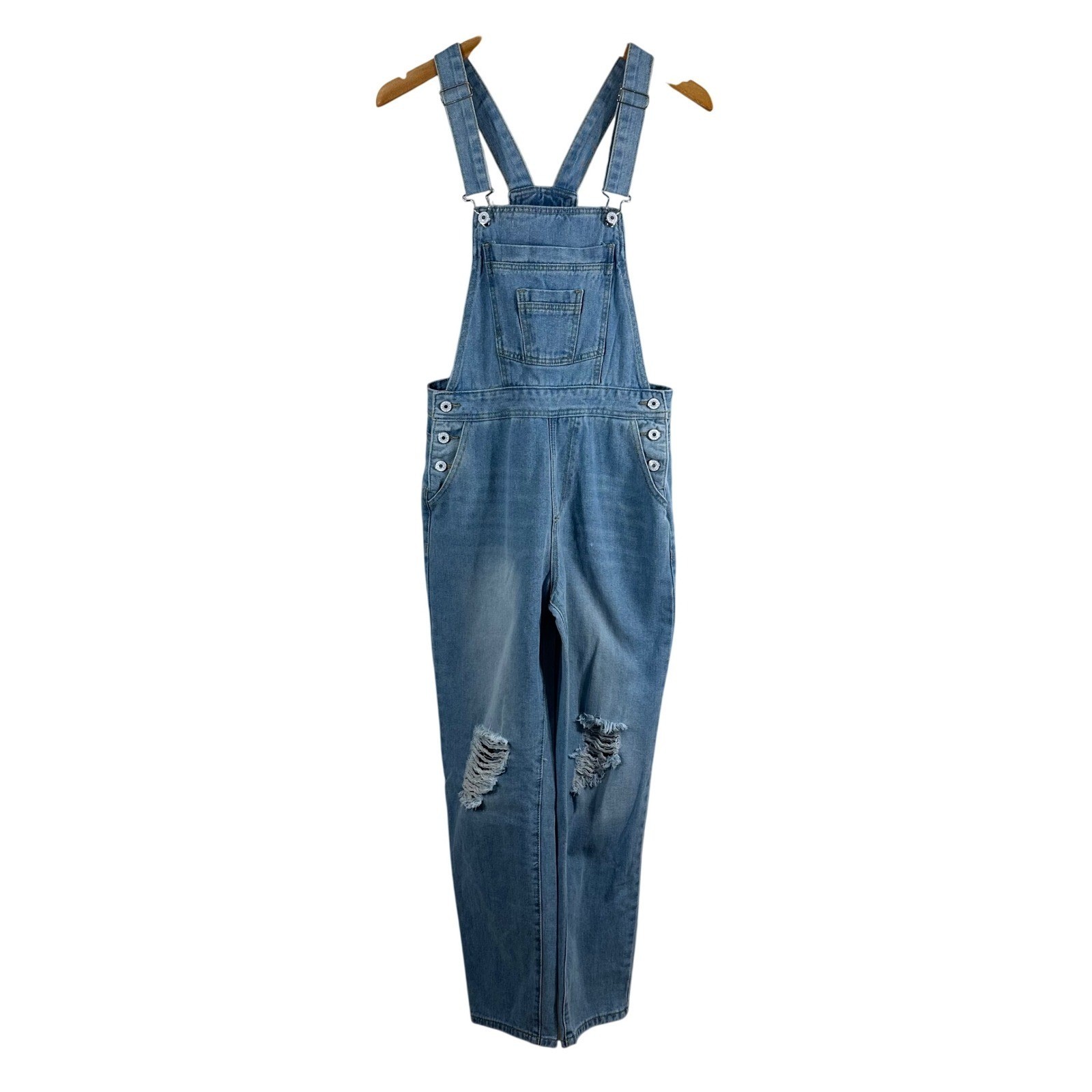 Womens Light Wash Distressed Denim Overalls Straight Leg Bib Dungarees Size M