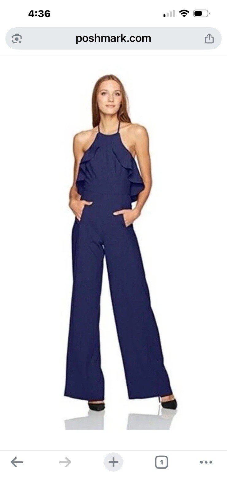 Black Halo Blue Halter Ruffle Wide-Leg Jumpsuit Size 2 w/ Pockets