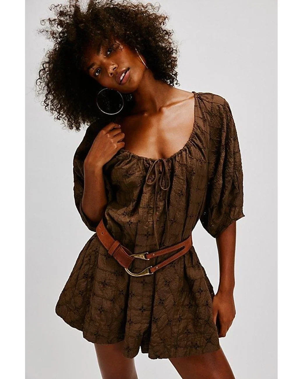 Free People Bop Around Eyelet Romper in Brown Bear – LARGE – BNWT – RRP £118