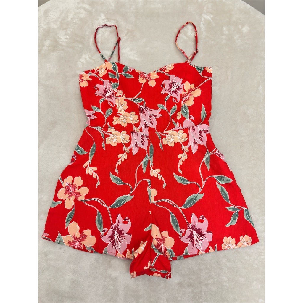 Privacy Please Romper Womens Size S Red Floral Tie Front Spaghetti Straps