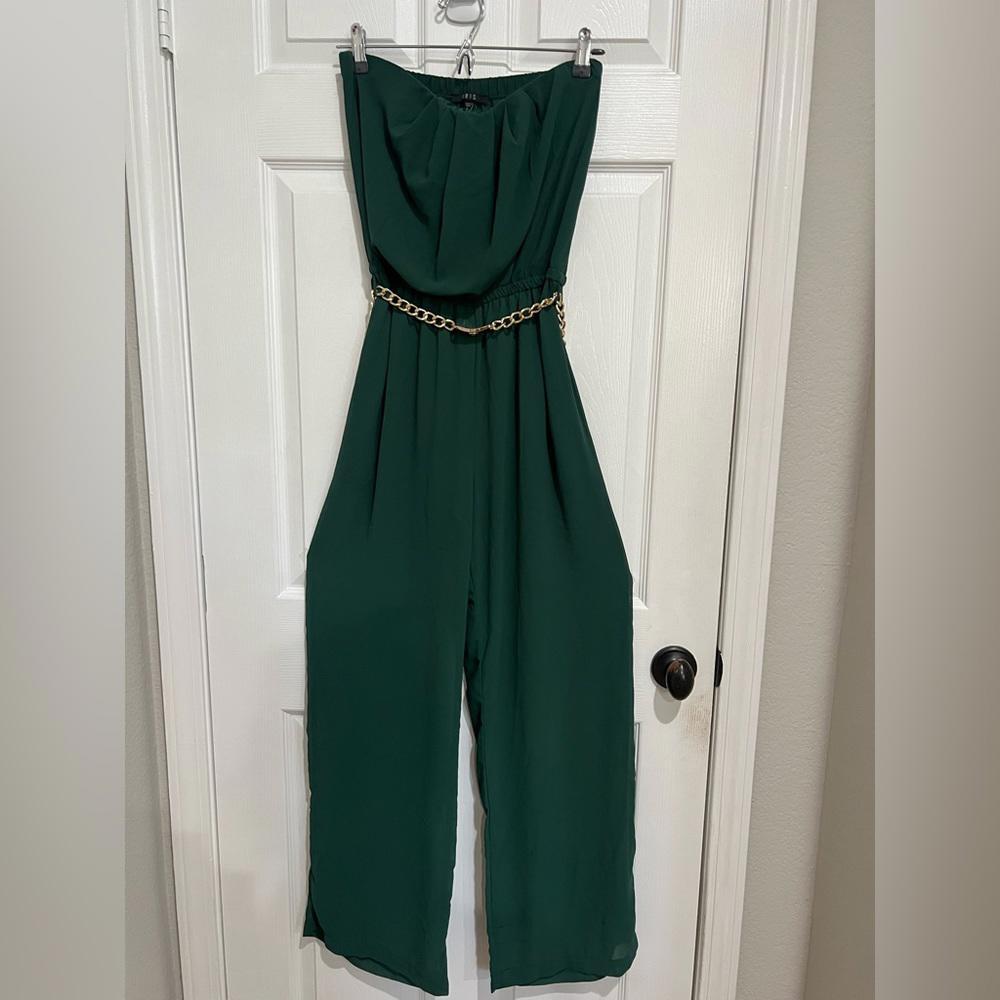 IRIS Strapless Wide Leg Jumpsuit with Belt Chain Green One-piece Stretch