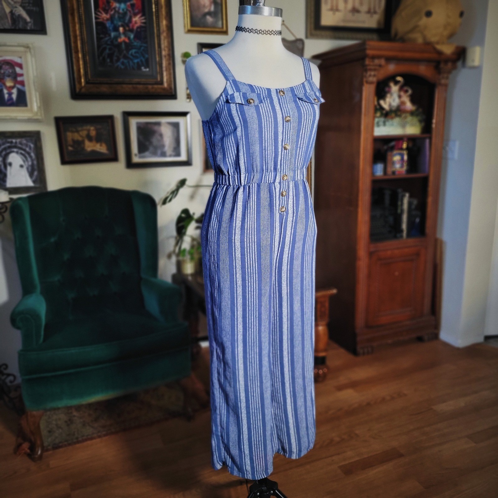 No Comment Jumpsuit Blue White Striped Wide Leg Button Front Girls XL 16 Small