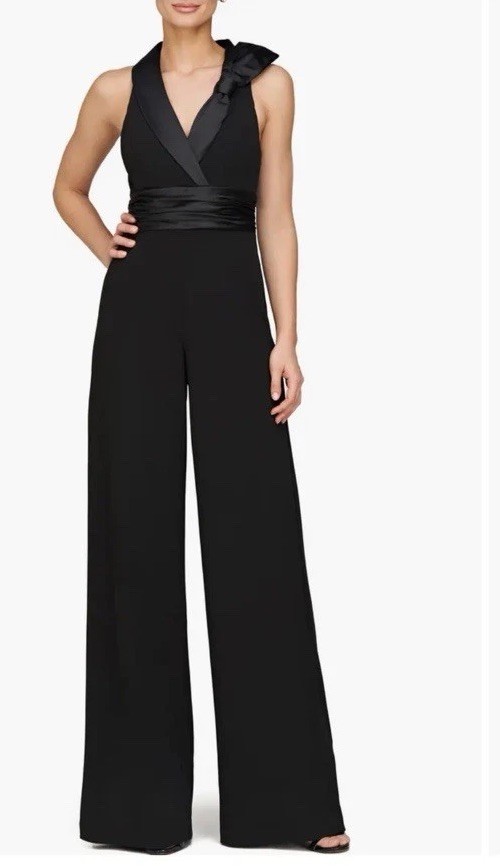 JS Collections Janice Satin Trim Crepe Jumpsuit In Black New Size 16