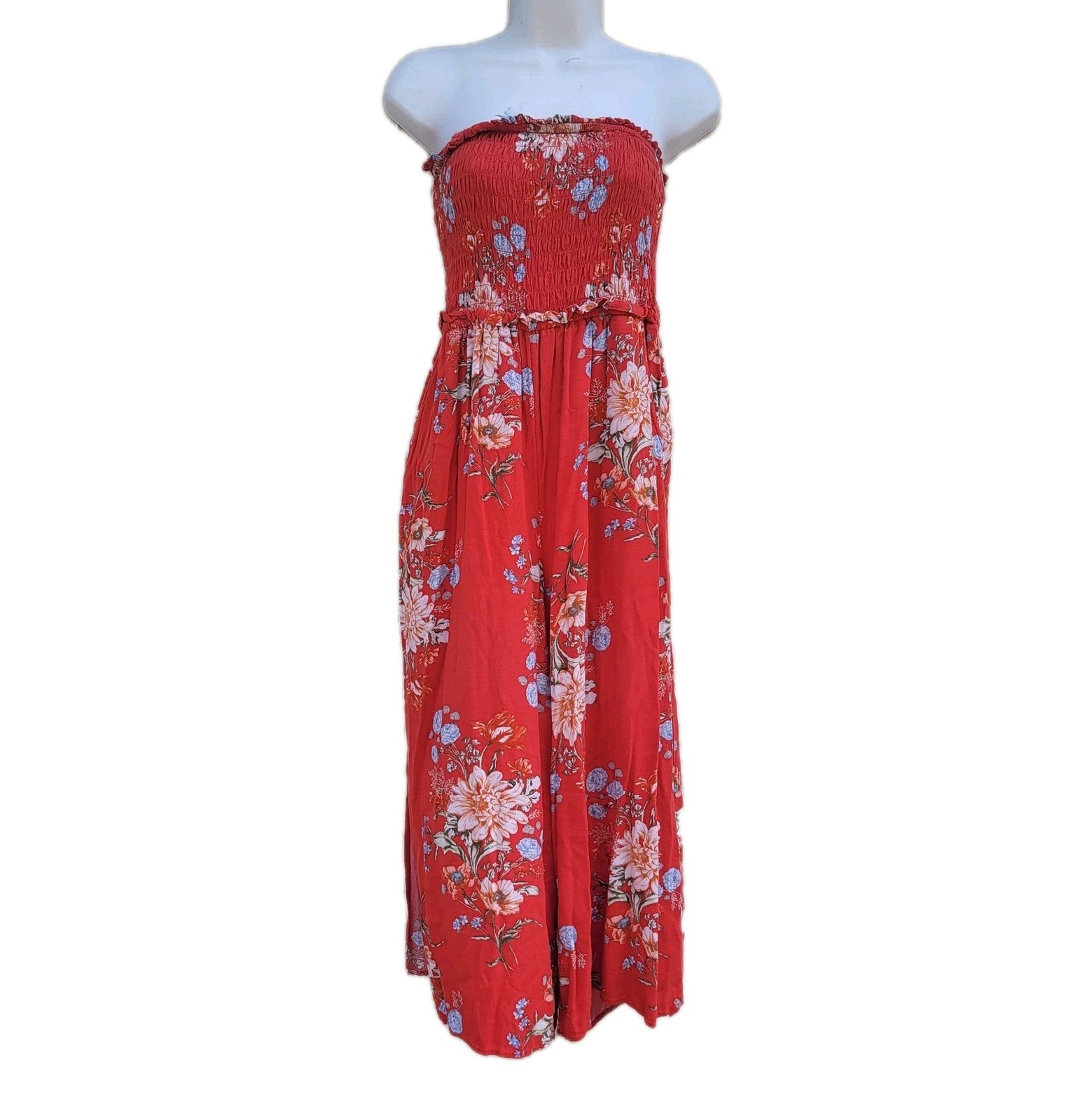 American Eagle Red Floral Smocked Wide Leg Strapless Jumpsuit Sz M Coastal Beach