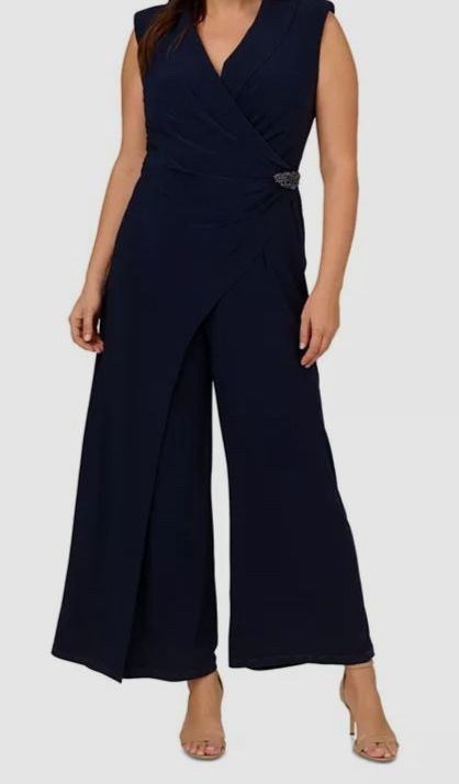 Adrianna Papell Women’s Blue Shawl-Collar Sleeveless Jumpsuit Plus Size 18W